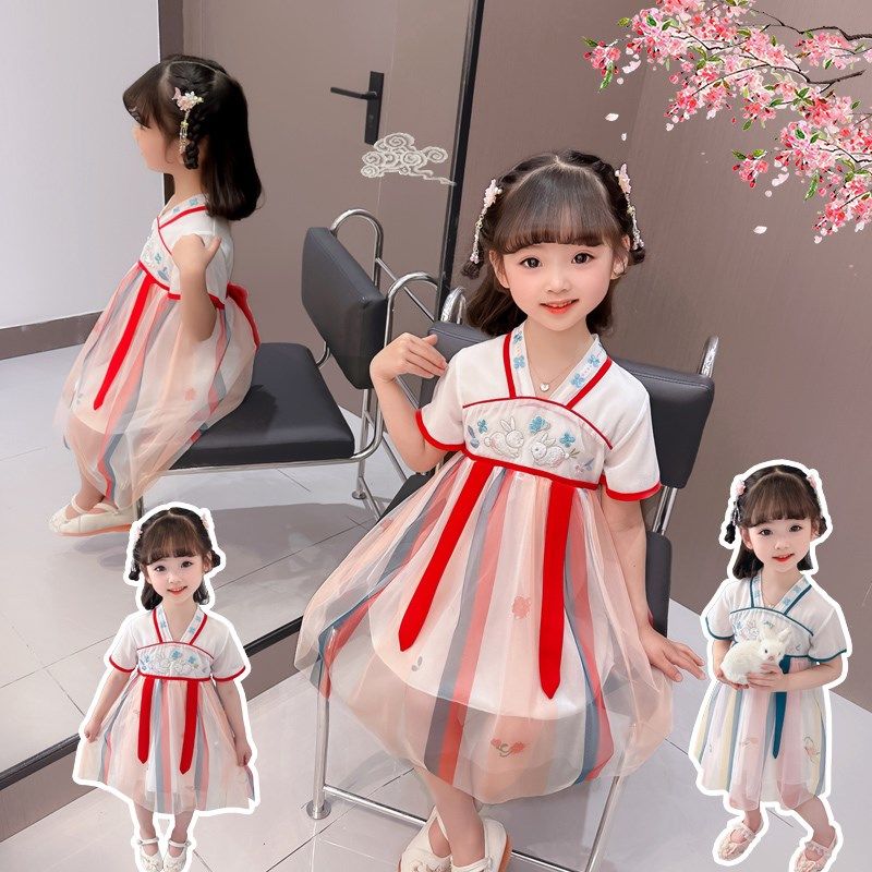 女宝宝夏季中国风旗袍连衣裙洋气小女孩小O兔子刺绣汉服裙六一