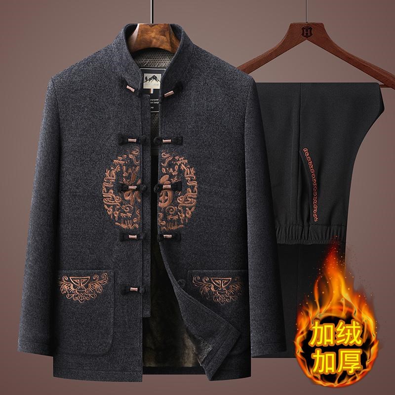 唐装男加绒保暖爸爸棉衣套装中老年中国风爷爷R生日中山装汉服棉