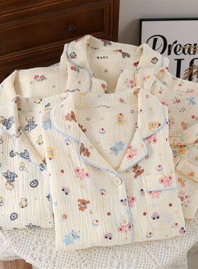 A类全棉双层棉纱女春秋新款睡衣家居服套装碎花S亲肤柔软透气吸汗