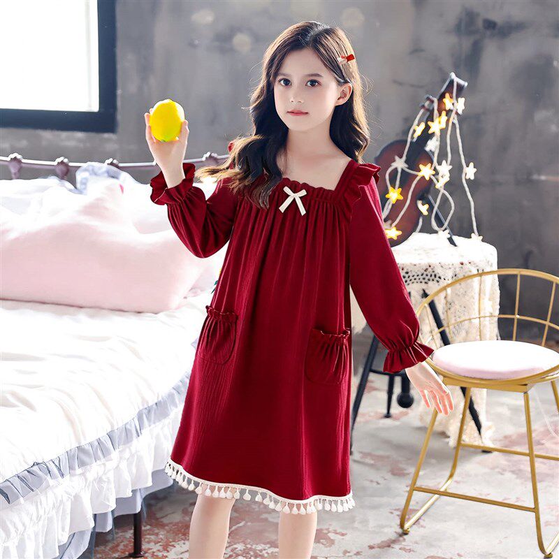 女童睡衣春秋款式纯棉红t色长袖睡裙套装秋冬季本命年家居服可外