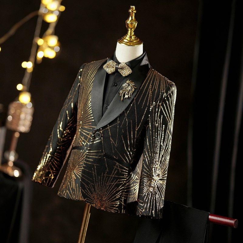 男童西装套装亮片走秀潮酷u舞台表演服儿童主持人演讲钢琴演出西