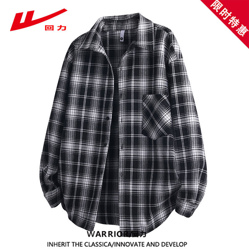 回力格子衬衫男款春秋季港风复古宽松外套男休闲翻领长袖衬衣