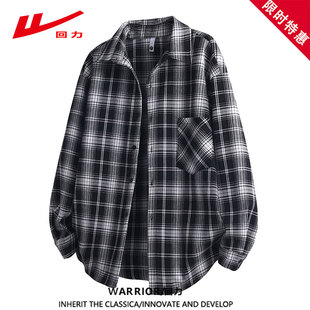 港风复古宽松外套男休闲翻领长袖 春秋季 衬衣 男款 回力格子衬衫