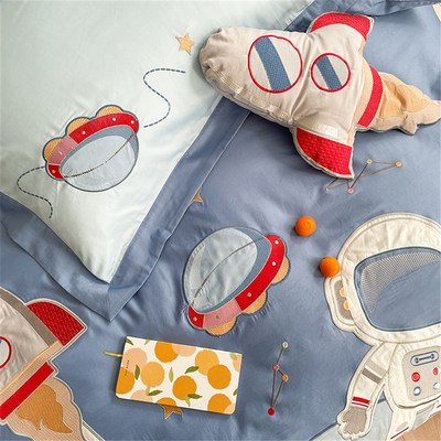 60支长绒棉卡通风四件套 探索宇宙刺绣被套柔软全棉儿童床上用品