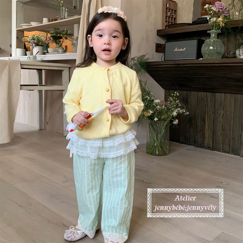 韩版童装 春季新款 女童套装镂空开衫上衣女宝宝清新绿色条纹裤子