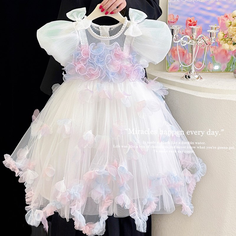 女童公主裙夏款2025新款女宝宝高端花童蓬蓬裙儿童白色礼服连衣裙