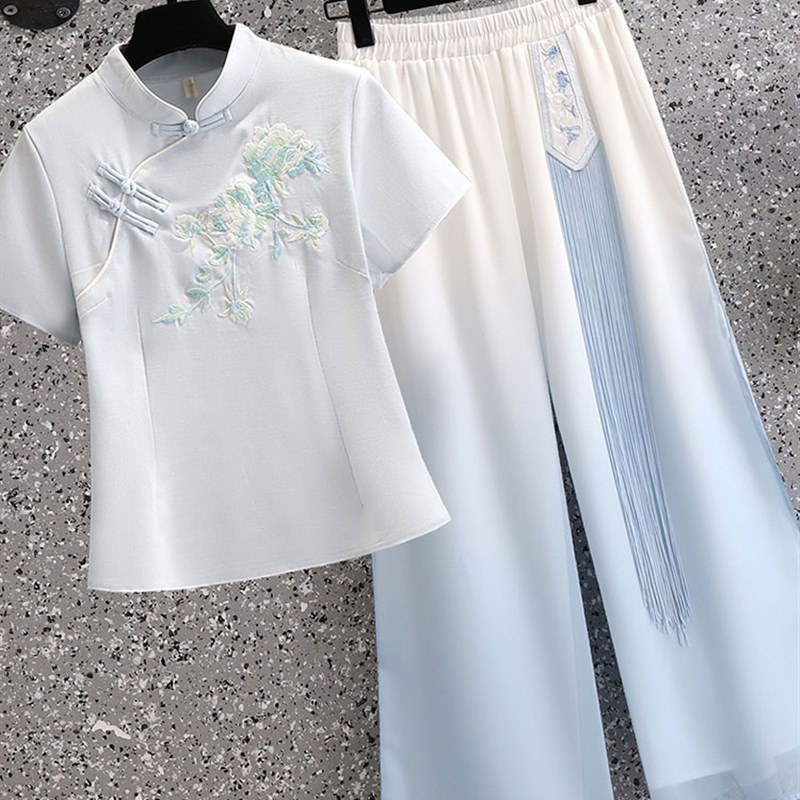 新中式旗袍中国风改良汉服套装裤女夏唐装上衣茶服茶艺师工作服装