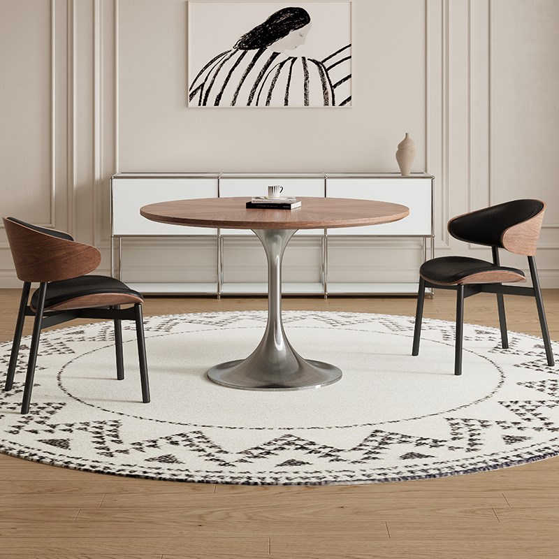 德利丰岩板餐桌小户型圆形家用法式奶油中古风高端实木全托饭桌子