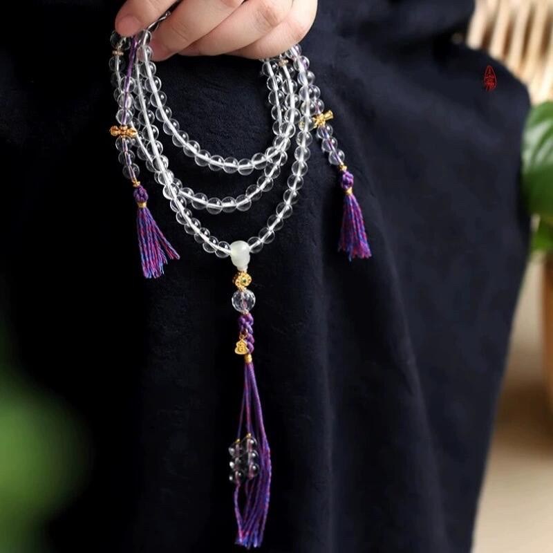 天然10A全净体白水晶佛珠手链108颗念珠项链久紫离火男女多圈手串