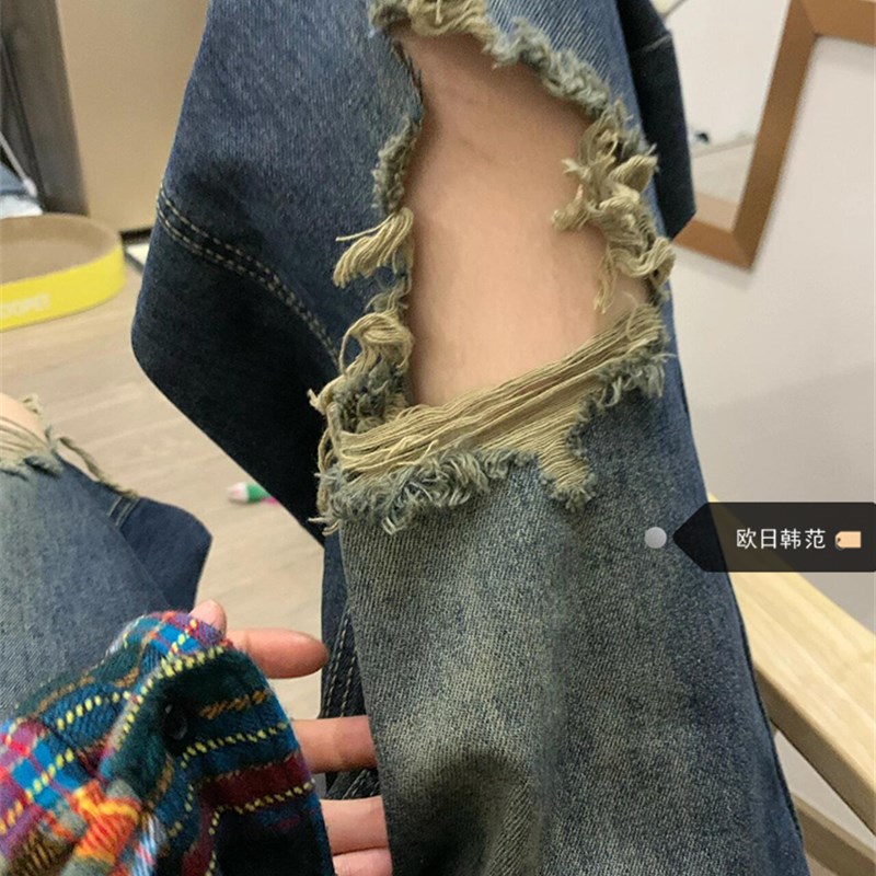 大码美式复古破洞牛仔裤女夏季设计感高J腰宽松垂感拖地直筒裤子