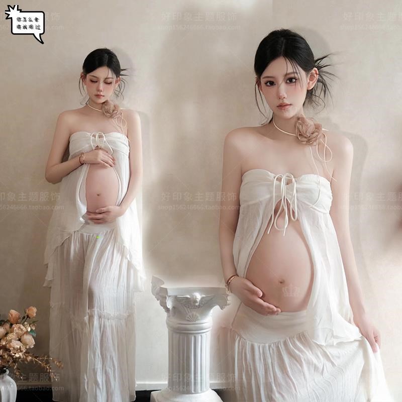 新款孕妇影楼主题服装法式复古冷淡氛围抹胸裙连衣裙艺术拍照摄影