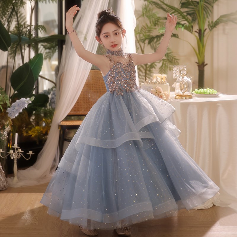 蓝色女童礼服轻奢小众高端儿童生日公主裙小主持人钢琴演奏演出服