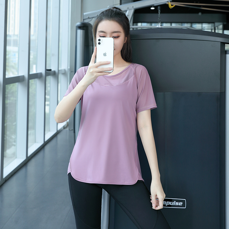 胖mm女加大码200斤宽松瑜伽服上衣F夏天健身房运动跑步速干遮臀T