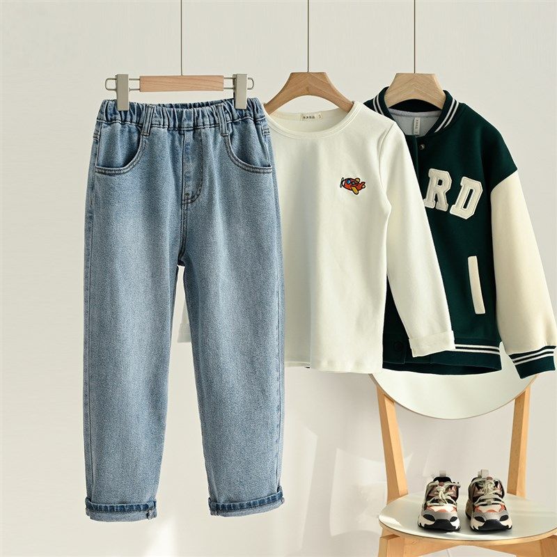 浅蓝色 儿童水洗纯棉牛仔裤 男女童直筒裤 中大童长裤春秋款童装