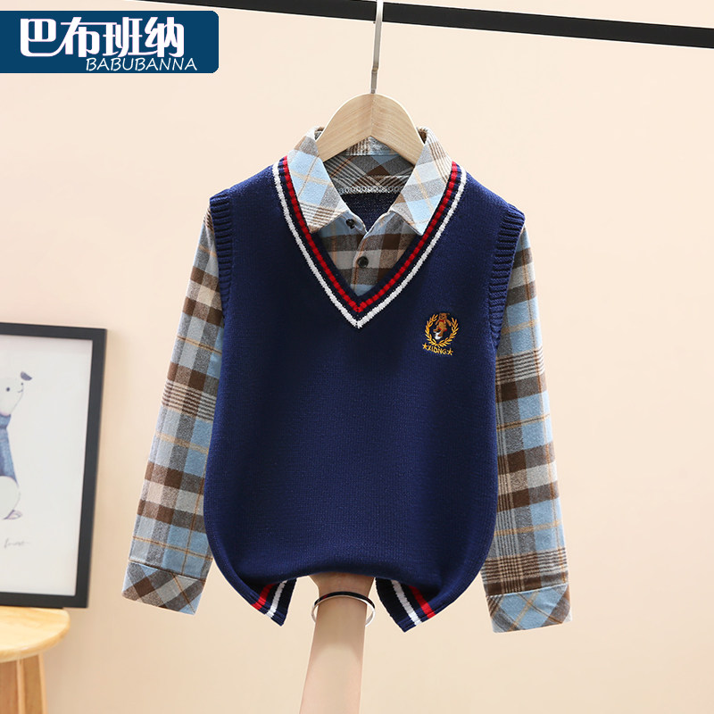 男童毛衣假两件2023新款大童针织衫纯棉男孩内搭毛衣加绒加厚童装