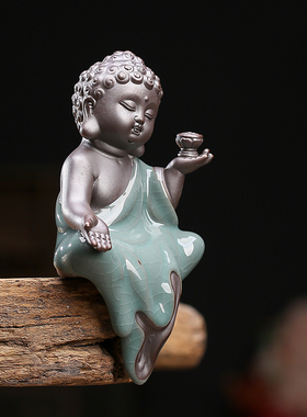 哥窑开片陶瓷人物小如来观音佛像摆件 家居博古架园艺装饰品摆设