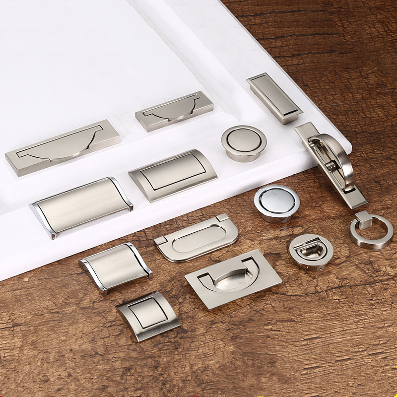 榻榻米圆形不锈钢色拉手内嵌隐形旋转嵌入式暗抽屉衣柜门明装扣手