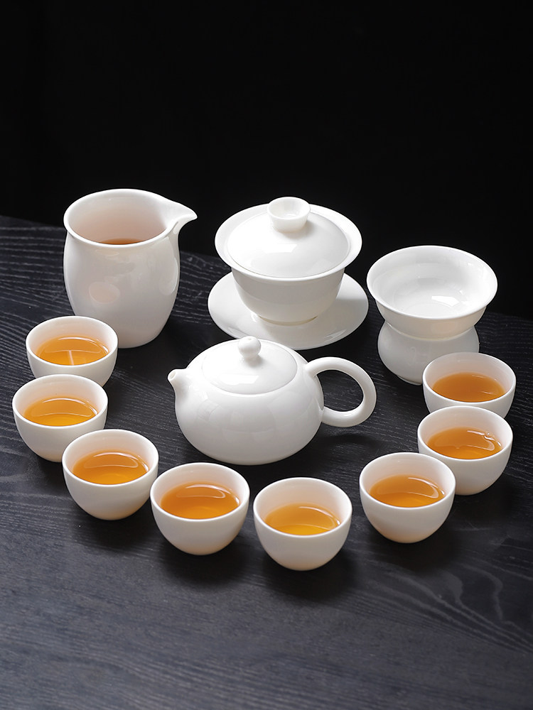 软玉白瓷功夫茶具家用陶瓷盖碗茶壶茶杯客厅办公室茶具