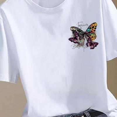 蝴蝶可爱圆领女夏装韩版印花上衣时尚洋气ins网红休闲通勤短袖T恤