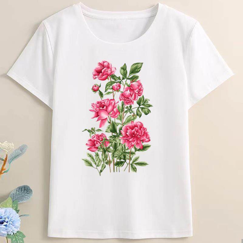 时尚洋气ins印花白色法式上衣网红休闲通勤女打底衫圆领短袖T恤