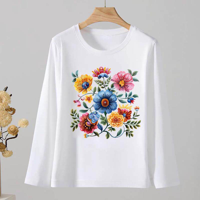 个性花朵通勤圆领印花休闲女春秋外穿时尚韩版洋气ins上衣长袖T恤