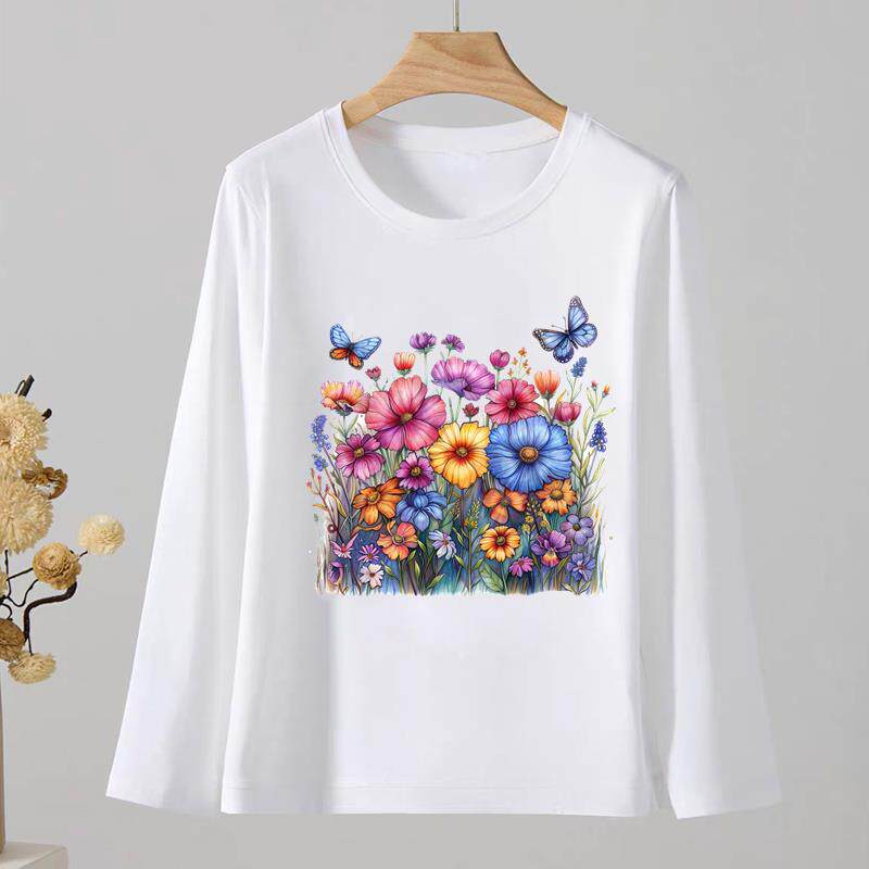 通勤植物花卉圆领印花休闲女春秋外穿时尚韩版洋气ins上衣长袖T恤