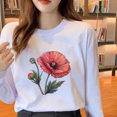 个性花朵韩版通勤圆领洋气印花女春秋冬季时尚休闲ins上衣长袖T恤