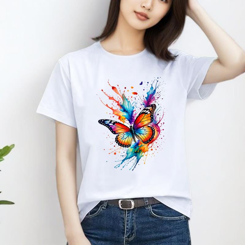 休闲通勤印花蝴蝶可爱花卉新款上衣外穿时尚洋气ins女圆领短袖T恤