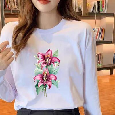 韩版通勤圆领洋气印花女花朵花卉春秋冬季时尚休闲ins上衣长袖T恤