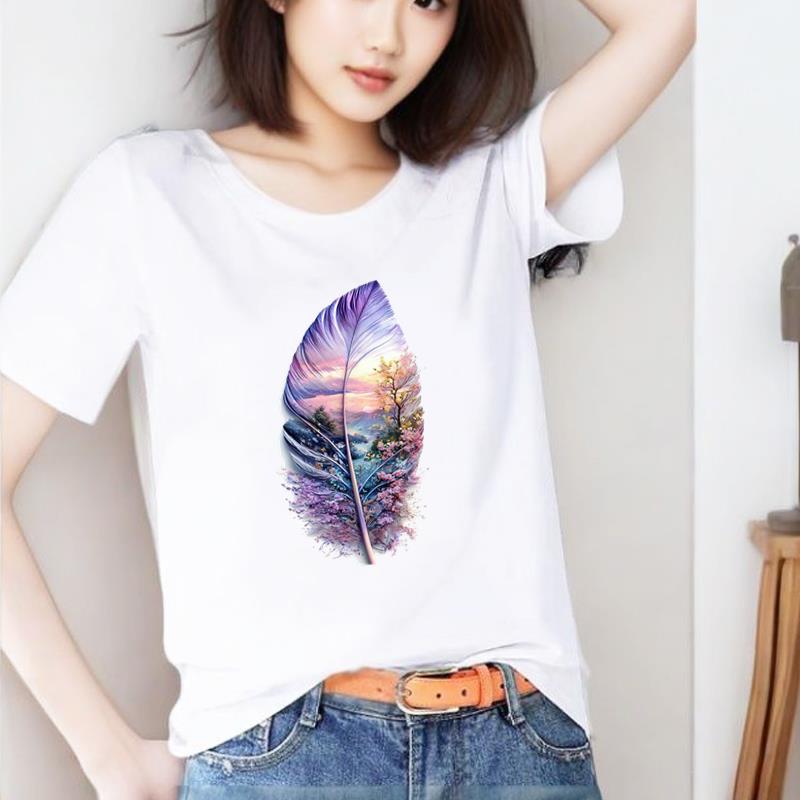 羽毛可爱圆领印花打底衫短袖外穿休闲通勤新款时尚洋气ins女T恤