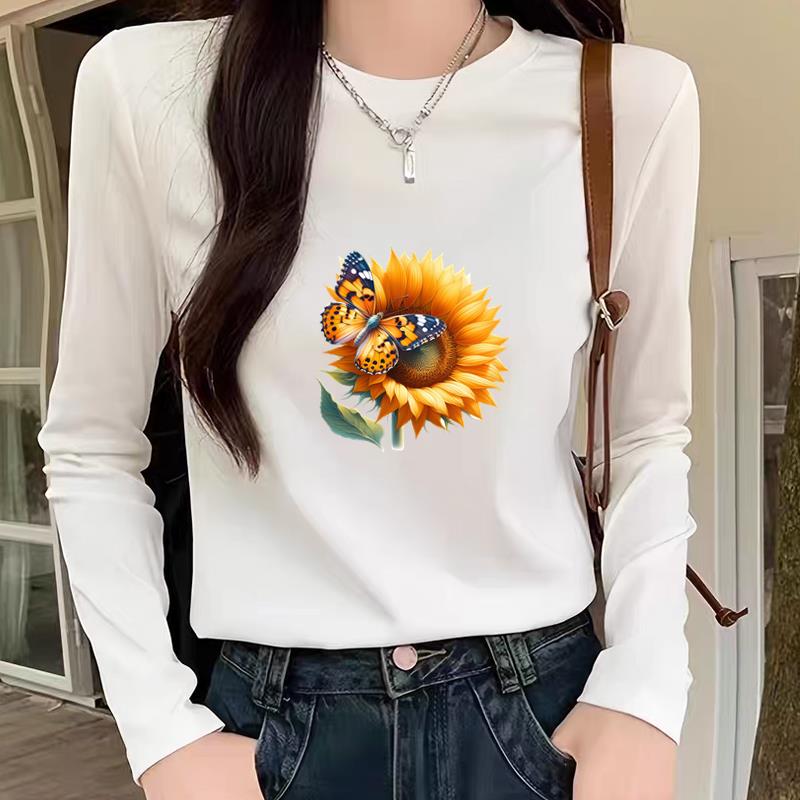 可爱花卉韩版通勤圆领洋气印花女春秋冬季时尚休闲ins上衣长袖T恤