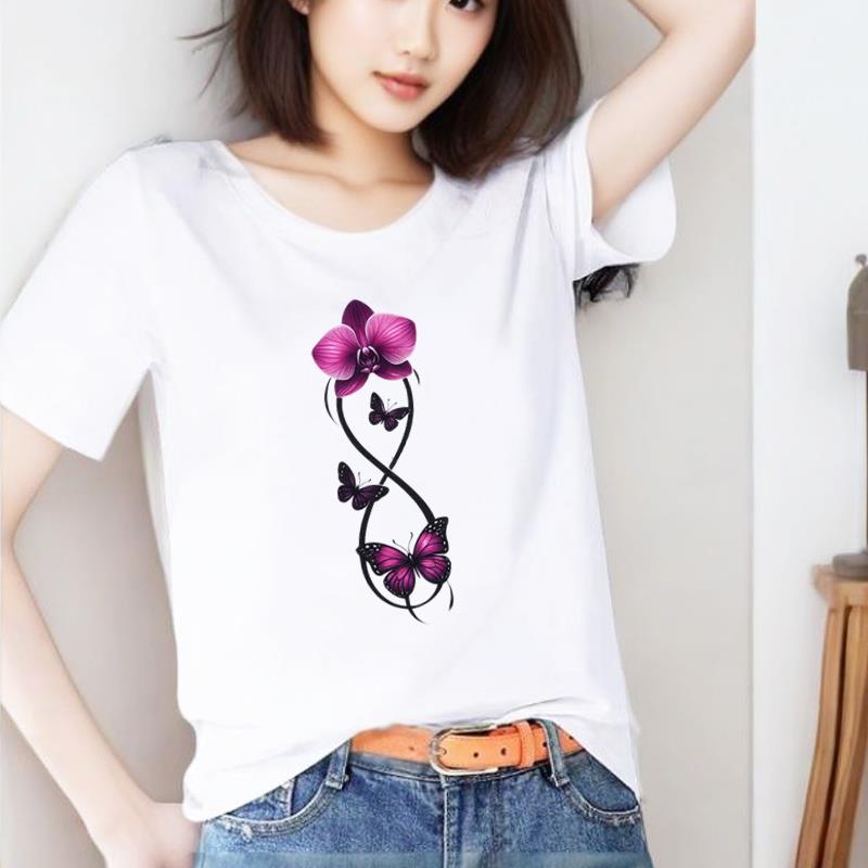 文艺花卉圆领印花打底衫短袖外穿休闲通勤新款时尚洋气ins女T恤