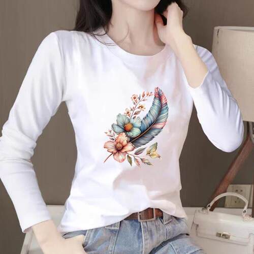 印花休闲女春秋冬季羽毛花朵时尚韩版通勤圆领洋气ins上衣长袖T恤