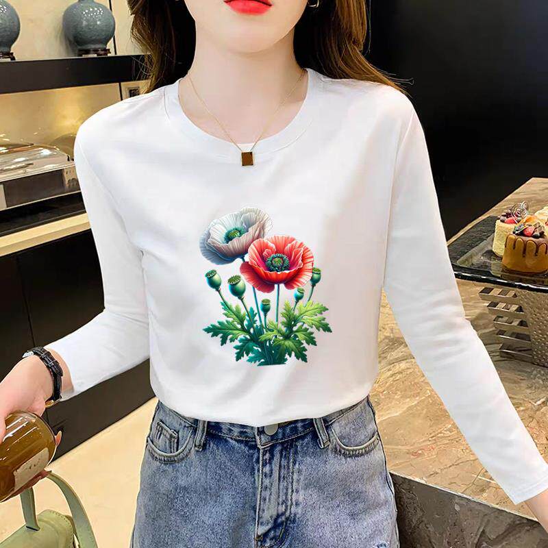 上衣圆领韩版洋气外穿显瘦印花女春秋冬季通勤时尚休闲ins长袖T恤