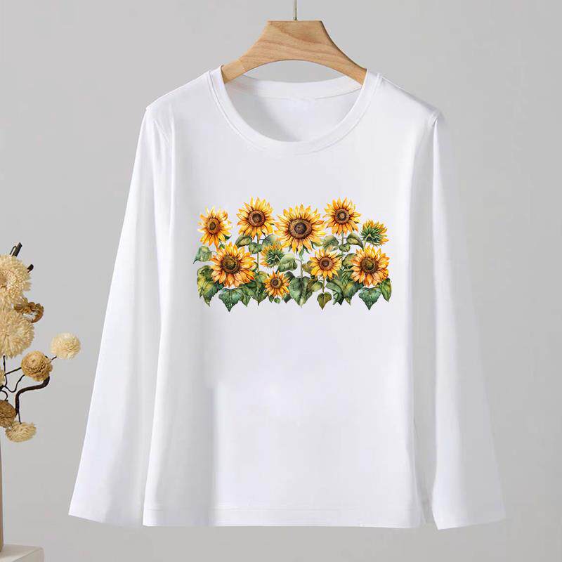 网红花朵通勤圆领印花休闲女春秋外穿时尚韩版洋气ins上衣长袖T恤