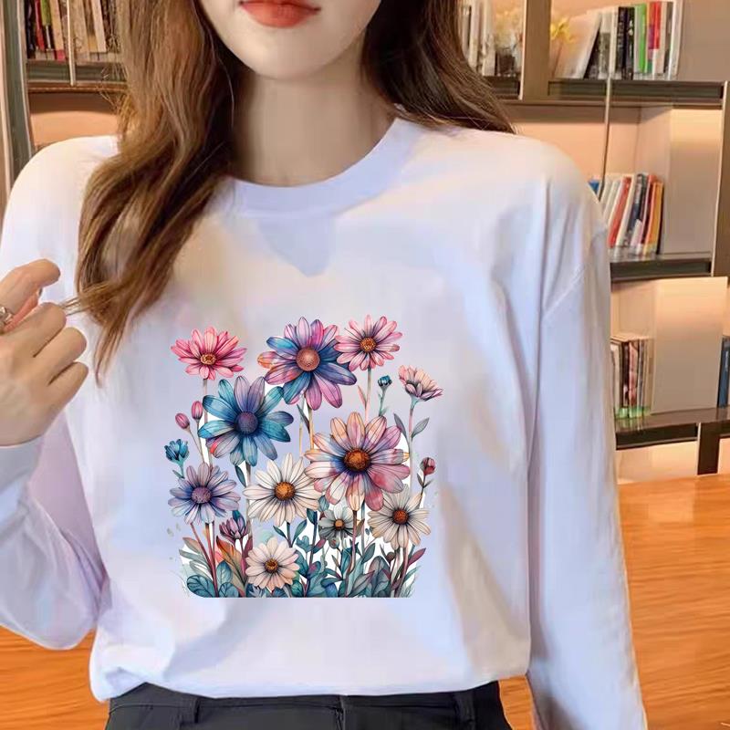 印花休闲女春秋个性花朵冬季时尚韩版通勤圆领洋气ins上衣长袖T恤