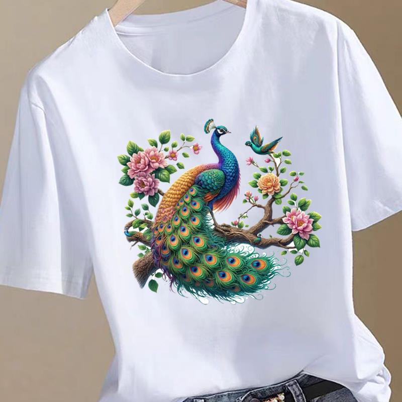 休闲通勤外穿时尚印花新款花鸟印花打底衫洋气ins女圆领短袖T恤