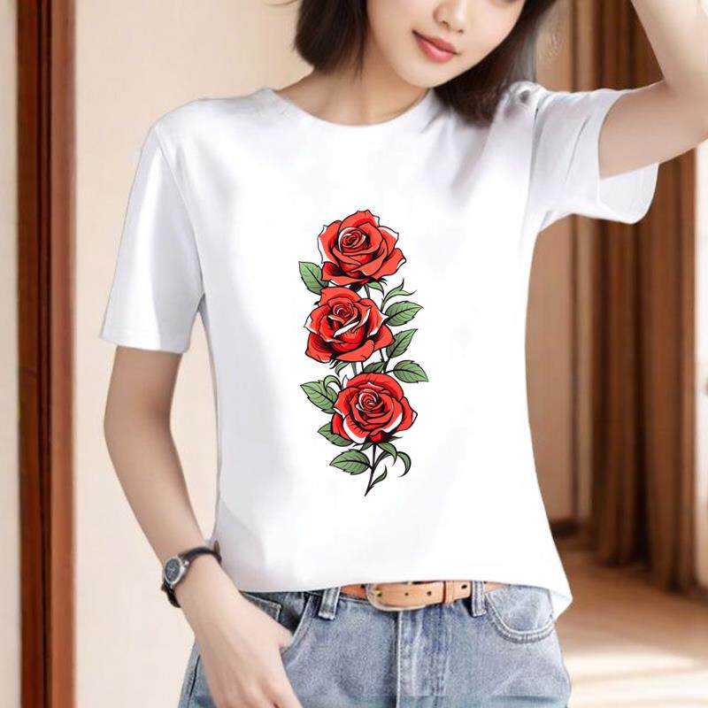 休闲通勤印花新款上衣日韩可爱花卉外穿时尚洋气ins女圆领短袖T恤