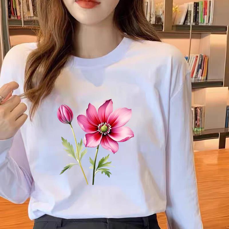 个性花朵印花休闲女春秋冬季时尚韩版通勤圆领洋气ins上衣长袖T恤