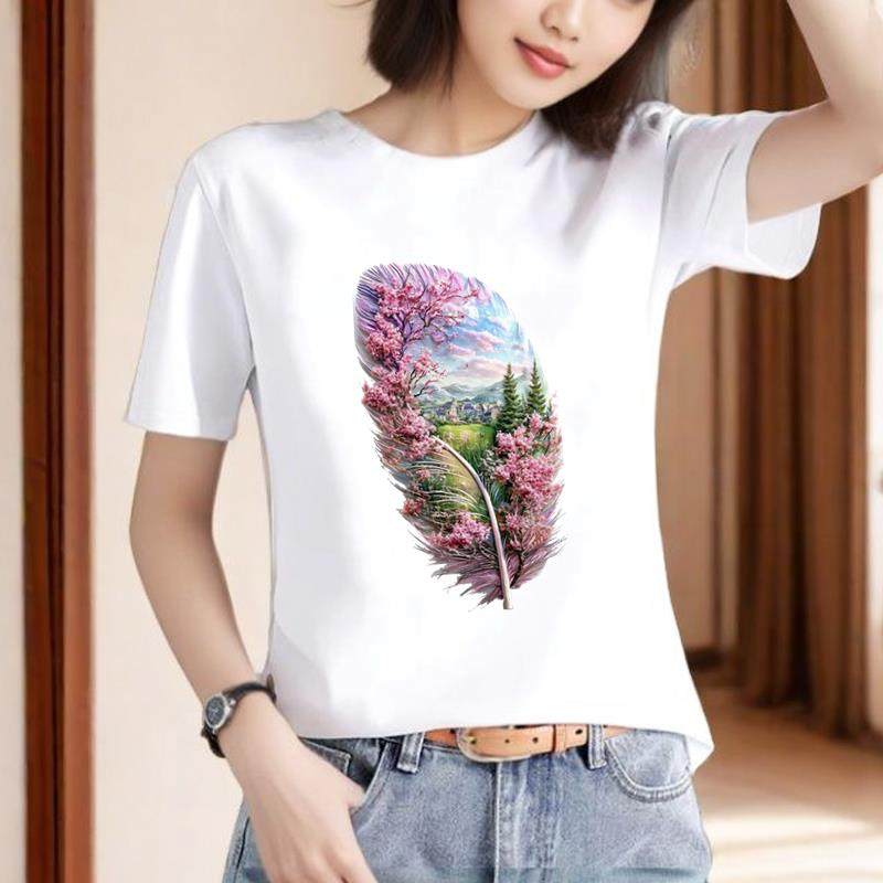 时尚洋气休闲通勤羽毛流行可爱印花新款上衣外穿ins女圆领短袖T恤