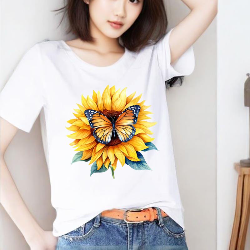 蝴蝶花卉圆领印花打底衫短袖外穿休闲通勤新款时尚洋气ins女T恤