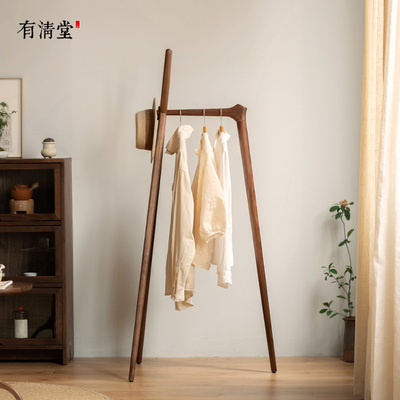 有清堂卧室落地挂衣架可移动实木晾衣架黑胡桃木收纳架衣帽架衣杆