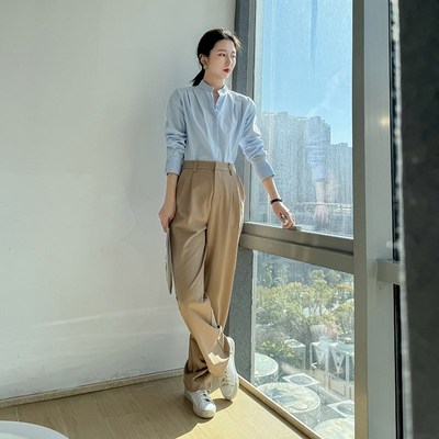 卡其色裤子女直筒显瘦高腰垂感职业气质窄版西装阔腿裤2024新款秋