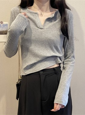 白色打底衫女内搭春秋长袖t恤女2021年新款修身v领chi短款上衣女