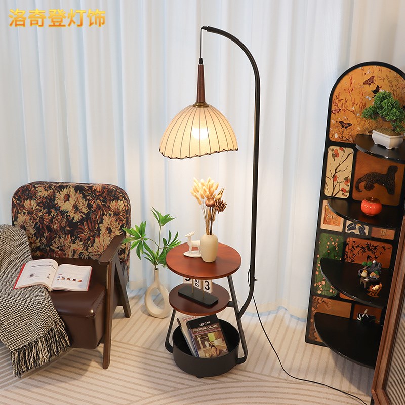 复古客厅落地灯氛围沙发边角创意茶几置物功能卧室床头钓鱼台灯