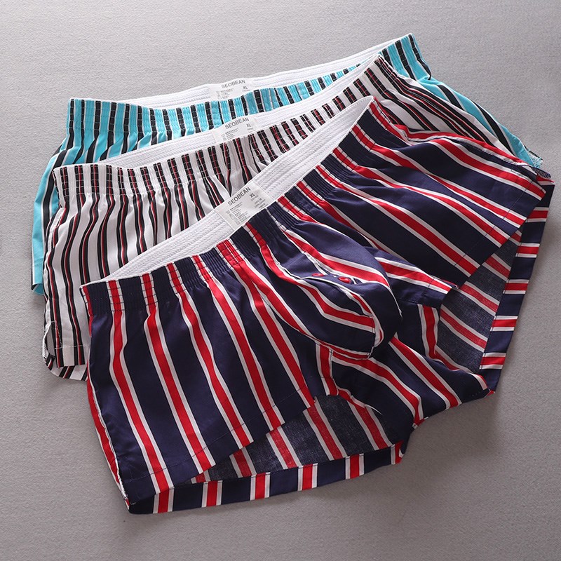 夏季新款纯棉条纹男士家居短裤青年男生全棉阿罗裤内裤头平角裤