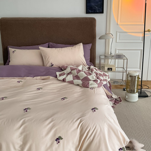 春秋裸睡少女心100s婴儿棉毛巾绣磨毛四件套高端简约纯棉被套床笠