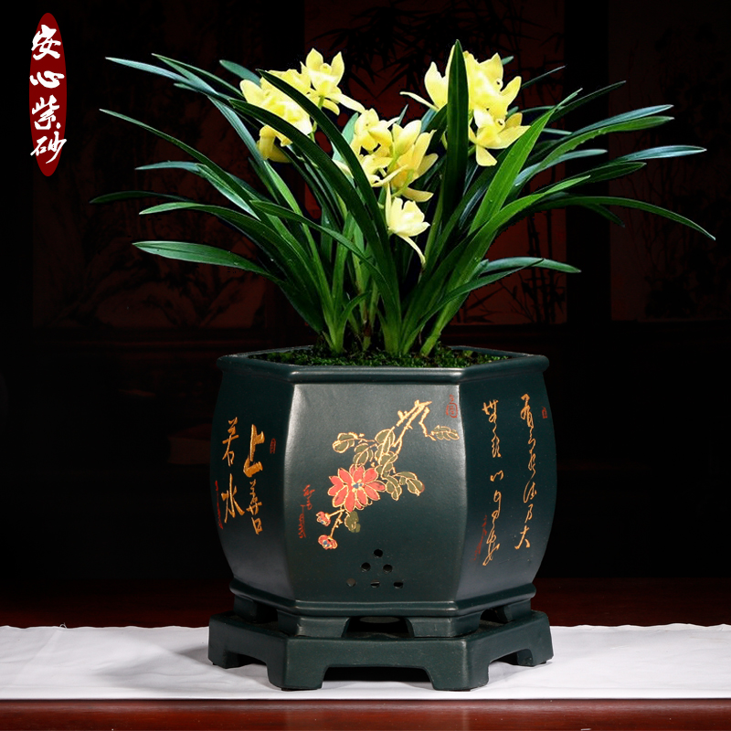 宜兴黑色六方兰花盆盆景盆室内阳台古典透气紫砂带托盘精品大花盆