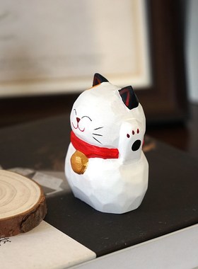 招财铃铛猫咪手工木雕小摆件公仔可爱木质雕刻书桌装饰品新年礼物