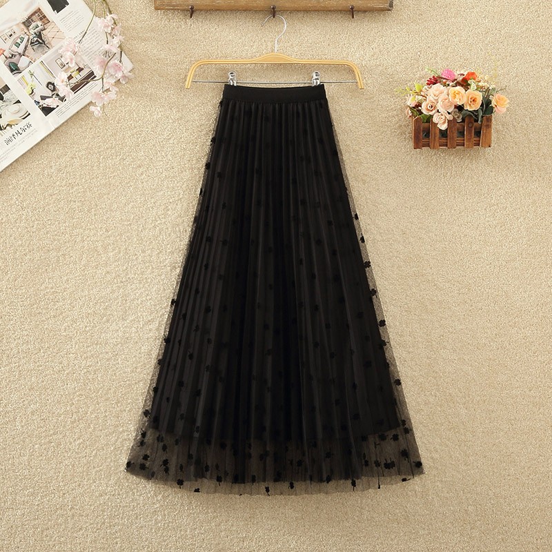 两面穿网纱裙百褶裙秋冬女植绒碎花垂感裙子中长款a字大摆半身裙